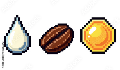 Retro pixel art of milk drop, coffee bean, and honey drop icons