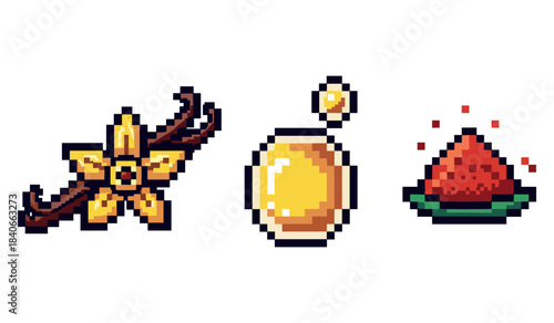 Pixel art aromatics: vanilla flower, honey jar, and spice heap in retro style
