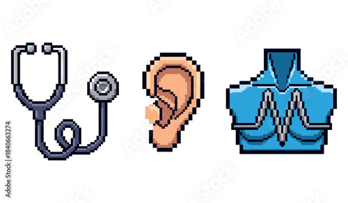 Pixel art: medical stethoscope, ear, and chest x-ray icons