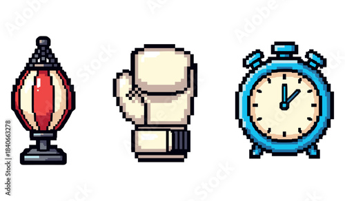 Pixel art: boxing speed bag, glove, and stopwatch icons on white background