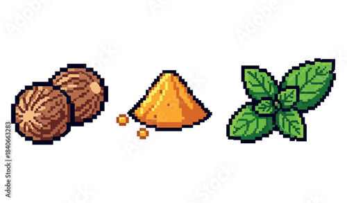 Pixel art whole nutmeg, spice pile, and mint leaves on white background