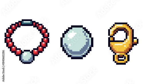 Pixel art jewelry: red beaded necklace, silver ring, gold clamp