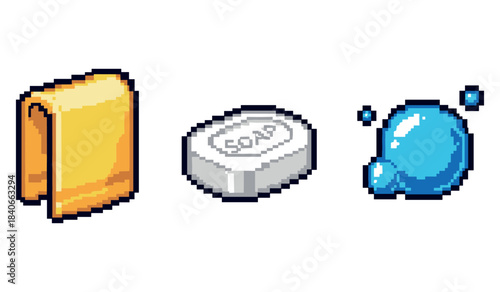 Pixel art towel, soap bar, and water splash