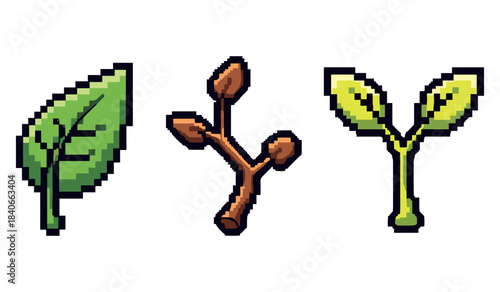 Pixel art nature icons: leaf, branch, sprout with retro style and vibrant colors