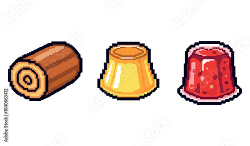 Pixel art sweets: chocolate roll, flan, and strawberry jelly desserts