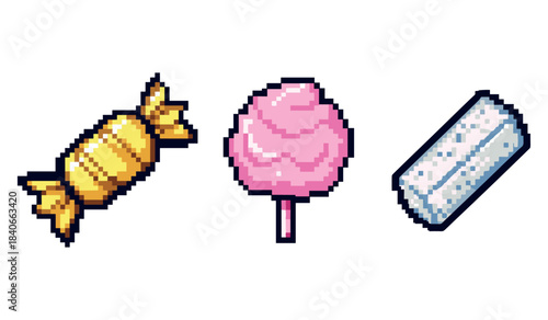 Pixel art sweets: candy, cotton candy, and chewing gum icons