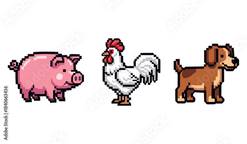 Pixel art animals: pig, rooster, and dog in vibrant 8-bit style