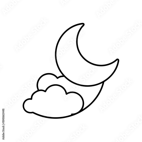 Simple line art icon of a crescent moon partially hidden behind a cloud