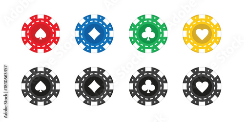 A collection of casino chips in various colors and symbols, including spades, hearts, clubs, and diamonds. Card games, Jackpots, and blackjack in roulette.
