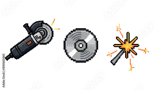 Pixel art grinder and disc with sparks and tools
