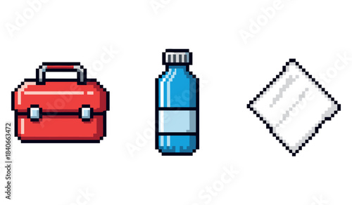 Pixel art icons: red toolbox, blue bottle, white napkin on white background
