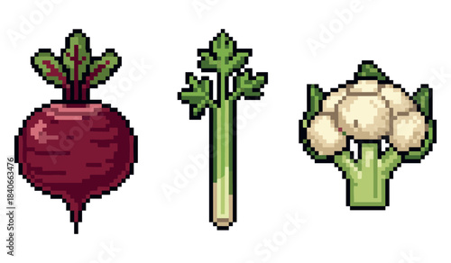 Pixel art vegetables: beetroot, celery, and cauliflower trio