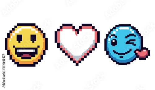 Colorful pixel art emoticons: smiling face, heart, winking face