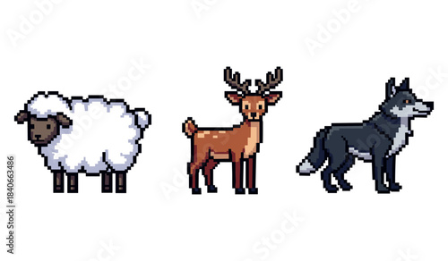 Pixel art of sheep, deer, and wolf in vibrant style