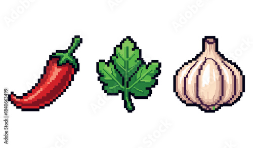 Pixel art: red chili pepper, green leaf, and garlic clove icons