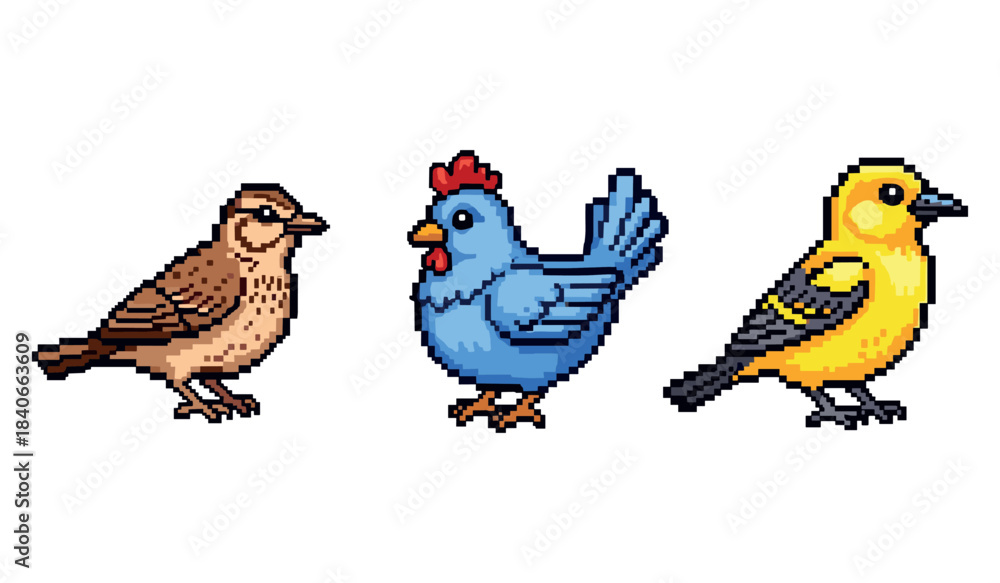 Fototapeta premium Pixel art birds: sparrow, blue hen, and yellow finch on white background