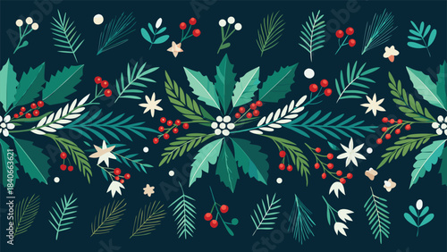 Seamless pattern of Christmas holly leaves and red berries on a green background, evoking a festive holiday spirit..eps