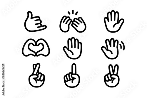 Outline collection showing popular hand gestures like peace sign, heart shape, pointing, shaka, and clapping