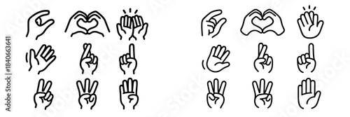 Human hands showing various gestures, counting numbers, and communication signs