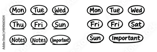 Hand drawn doodle set of days of the week and scheduling planner elements