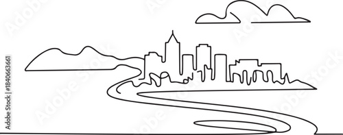 Continuous Line Art of Oslo Skyline with Fjord Curve Minimal Outline Illustration