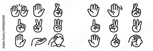 Set of outline icons depicting various human hand gestures and body language signals