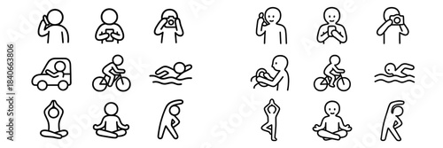 Simple line icons set for daily activities, communication, fitness, and transportation symbols
