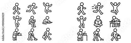 Simple stick figure icons set representing daily activities and human actions