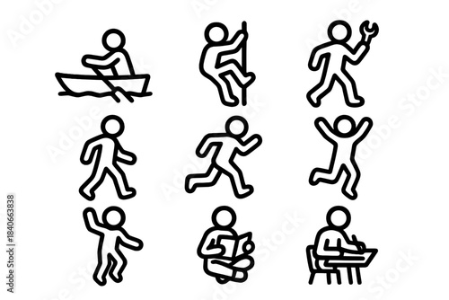 Nine simple line symbols representing various human activities and actions like running and studying