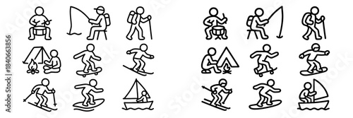 Simple line icons depicting people engaging in outdoor sports and adventure hobbies