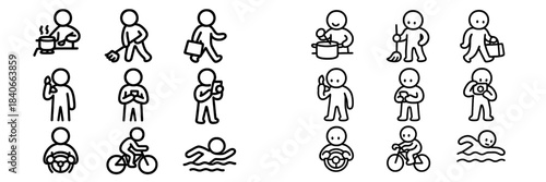 Simple stick figure icons depicting daily life activities, common human actions, and everyday routines