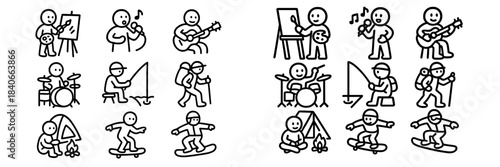 Simple outline pictograms showing various hobbies, sports, and leisure activities