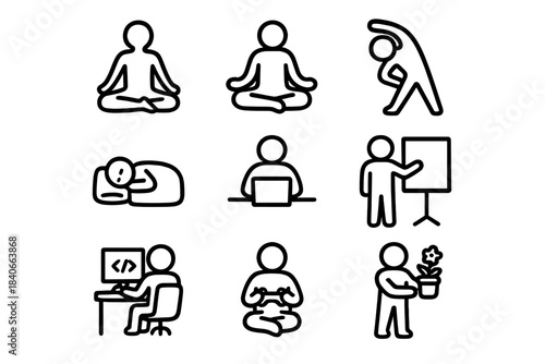 Line icons set showing people meditating, working, coding, gaming, stretching, and presenting