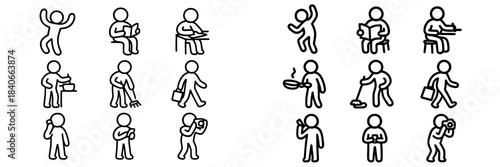 Outline icons representing common human actions, hobbies, and professional tasks