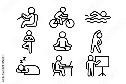 Diverse lifestyle activities covering physical fitness, mental wellness, professional work, and daily sleep routines