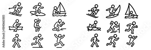 Set of minimalist line art pictograms showing human actions, sports, and movement