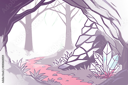 Mystical frozen forest cave with neon-lit ice walls, crystal formations shining in vivid colors, and soft magical mist, transparent background.