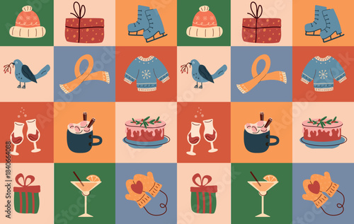 seamless pattern of winter elements. modern plaid, mosaic style. hat, clothes, glasses, lemon, scarf, jumper. for print, banner, postcard, business ideas. art vector illustration.