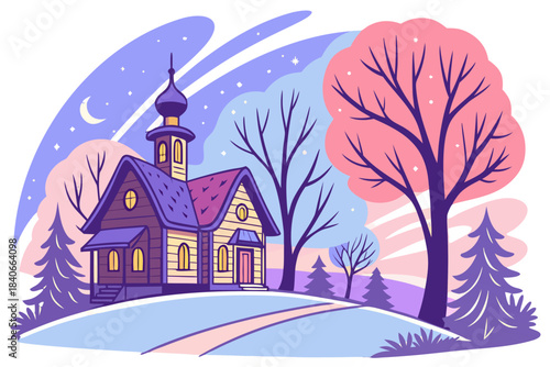 Enchanted snowy village with colorful glowing rooftops, frosty trees emitting soft light, and a vibrant twilight sky, transparent background.