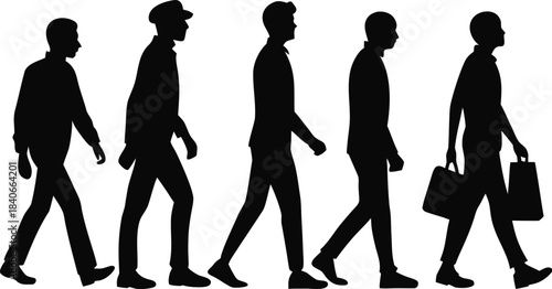 Silhouette Collection of Men Walking, Side View Profile of Diverse Business People and Pedestrians in Motion