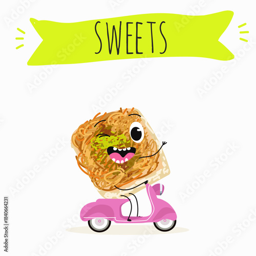 Funny Characters Ekmek kadaif. Turkish,  Eastern sweets. Hand drawn vector illustration.