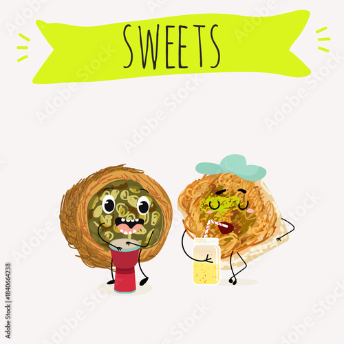 Funny Characters Ekmek kadaif. Turkish,  Eastern sweets. Hand drawn vector illustration.
