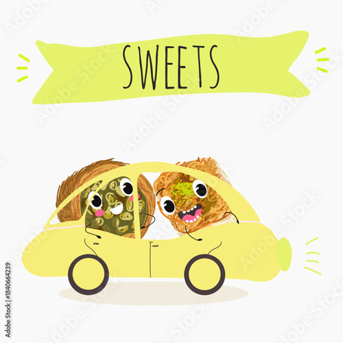 Funny Characters Ekmek kadaif. Turkish,  Eastern sweets. Hand drawn vector illustration.