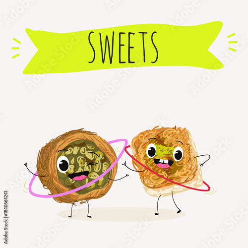 Funny Characters Ekmek kadaif. Turkish,  Eastern sweets. Hand drawn vector illustration.