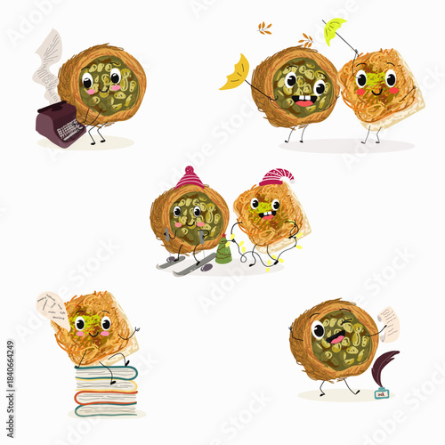 Funny Characters Ekmek kadaif. Turkish,  Eastern sweets. Hand drawn vector illustration.