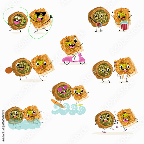 Funny Characters Ekmek kadaif. Turkish,  Eastern sweets. Hand drawn vector illustration.