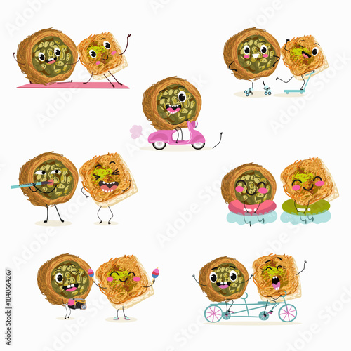 Funny Characters Ekmek kadaif. Turkish,  Eastern sweets. Hand drawn vector illustration.