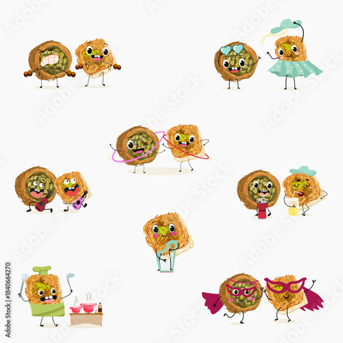Funny Characters Ekmek kadaif. Turkish,  Eastern sweets. Hand drawn vector illustration.