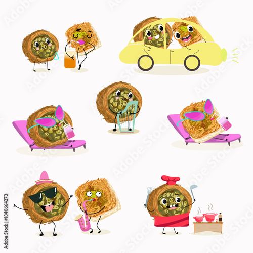 Funny Characters Ekmek kadaif. Turkish,  Eastern sweets. Hand drawn vector illustration.