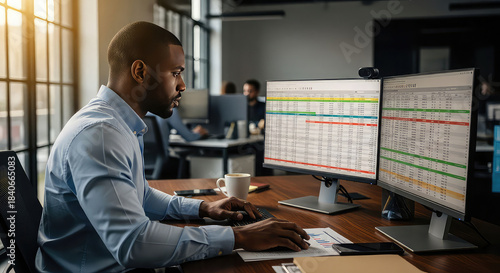 Focused businessman analyzing data on dual monitors in a modern office space